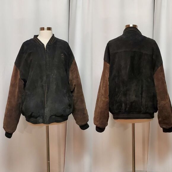 Vintage Other - Vintage 90s y2k 2 Tone Black Brown Suede Leather Kenworth Truck Bomber Jacket Lg